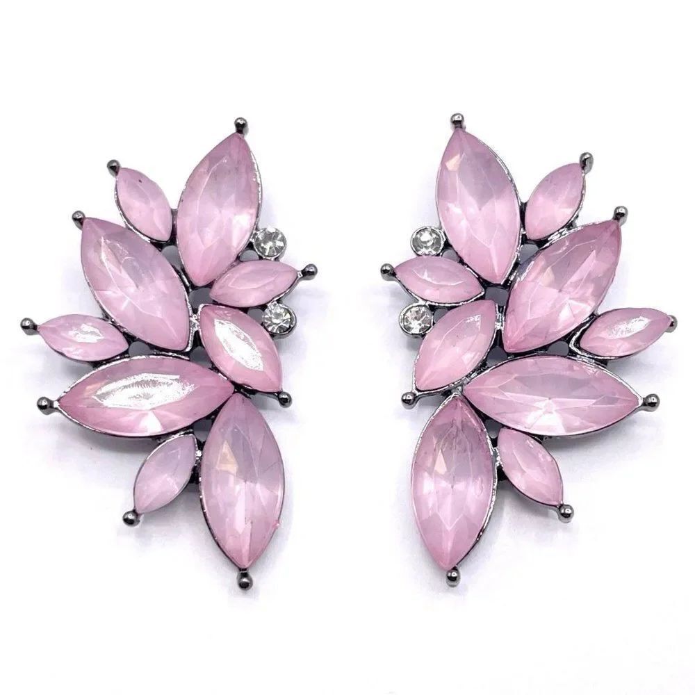 Gunmetal with Pink and White Crystal Retro Style Post Back Earrings